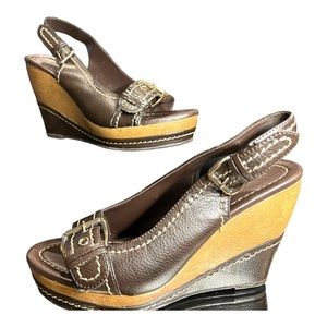 Montego Bay Club Wedges Size 7 Brown Leather Buckle Peep Toe Back Strap Cork
